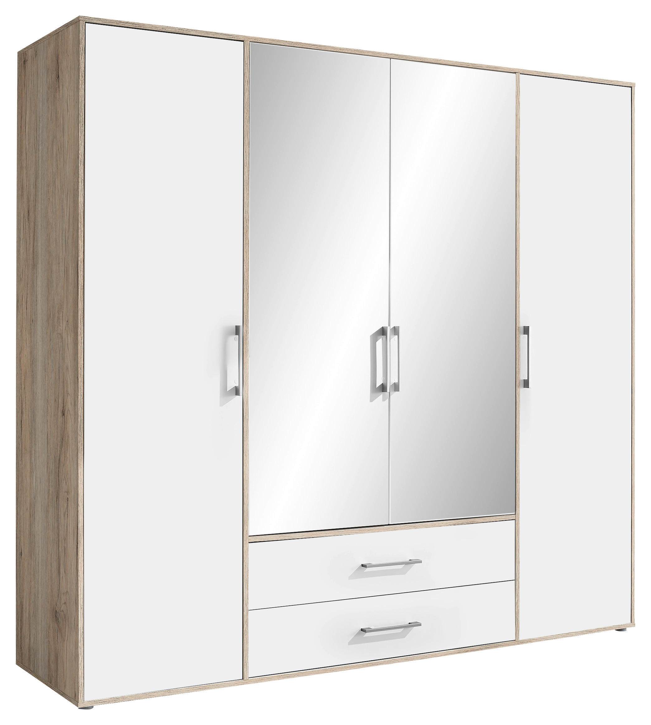 KLEIDERSCHRANK 206/195/60 cm,  in Weiß, Alufarben, Eiche San Remo, 4-türig  - Alufarben/Weiß, KONVENTIONELL, Glas/Holzwerkstoff (206/195/60cm) - Boxxx