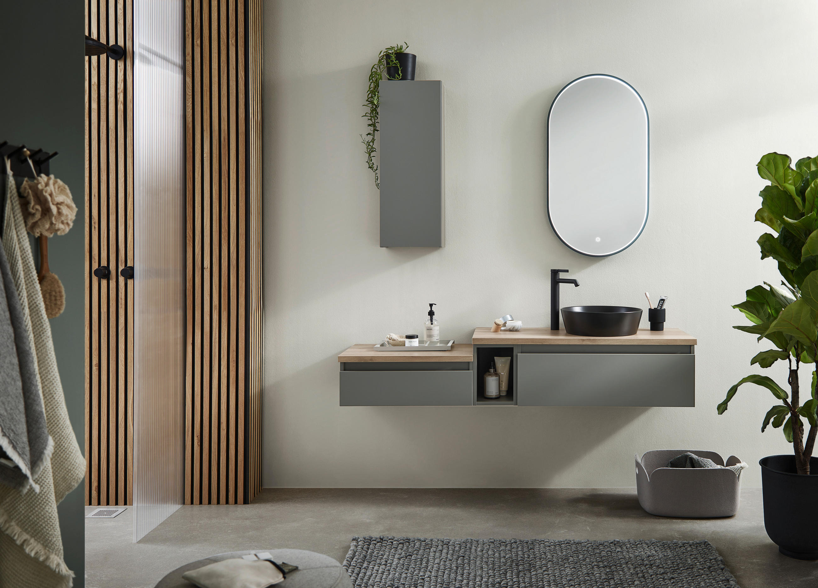 Thumbnail - Novel Waschtischkombi Nv.075, Eiche, Dunkelgrün, Holzwerkstoff, 2 Schublade(n) Schubladen, 160 cm, Goldenes M, hängend, ...