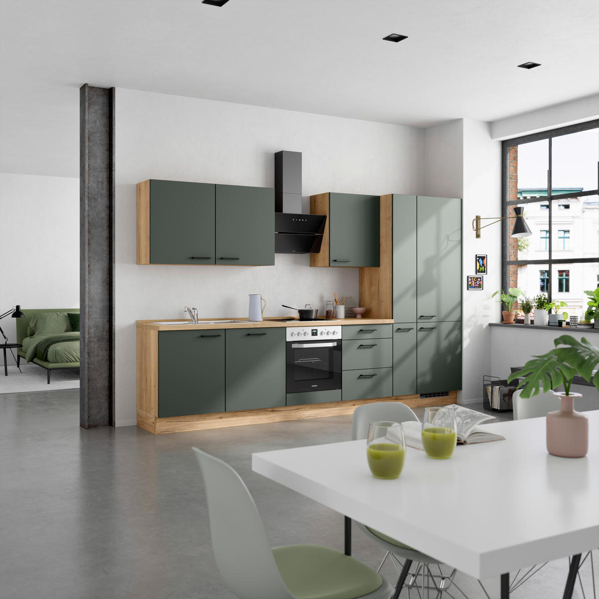 KÜCHENBLOCK Easytouch 330 cm  in Eichefarben, Dunkelgrün  - Dunkelgrün/Eichefarben, MODERN, Holzwerkstoff/Metall (330cm) - Nobilia