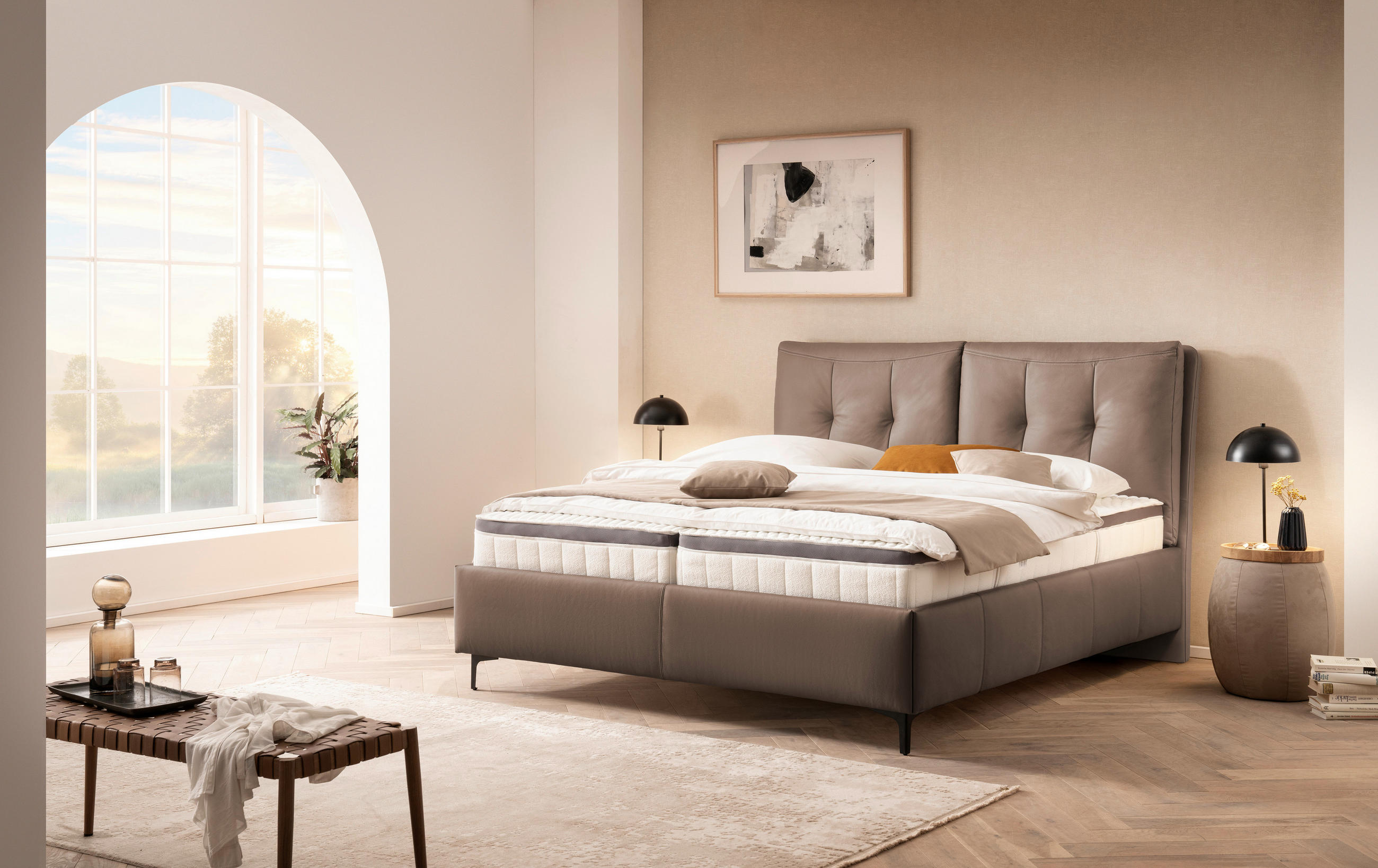 POLSTERBETT 180/200 cm,  in Hellbraun, Matratze, Lattenrost, Bettkasten, Topper, H2 + H2 = mittel  - Hellbraun/Schwarz, KONVENTIONELL, Leder/Holz (180/200cm) - Novel