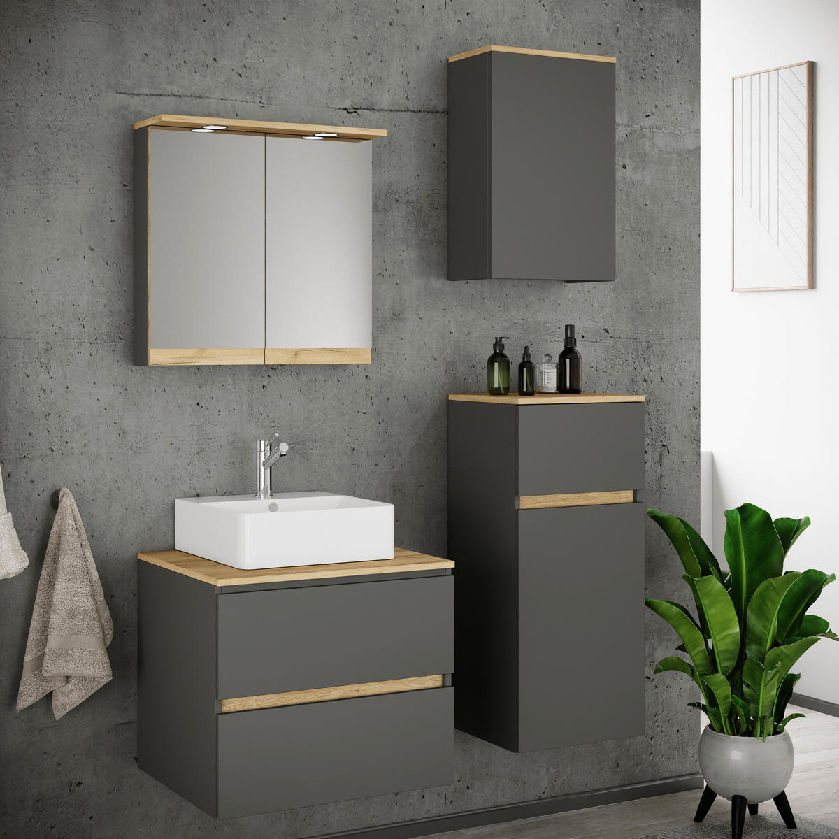 BADEZIMMER 5-teilig 100 cm  - Honigeiche/Weiss, Trend, Keramik/Holzwerkstoff (100cm) - MID.YOU
