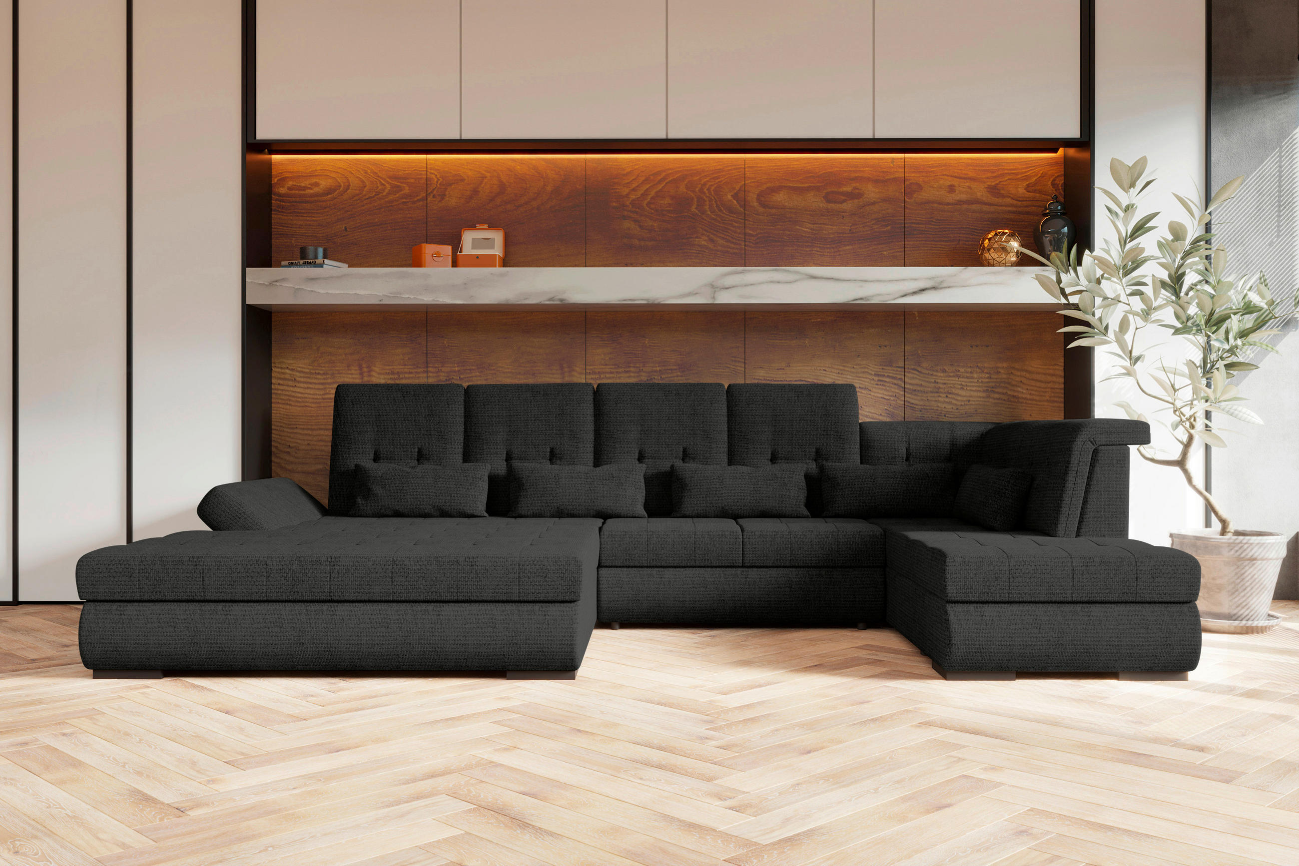 WOHNLANDSCHAFT Graphitfarben Struktur  - Schwarz/Graphitfarben, KONVENTIONELL, Kunststoff/Textil (212/358/222cm) - Carryhome