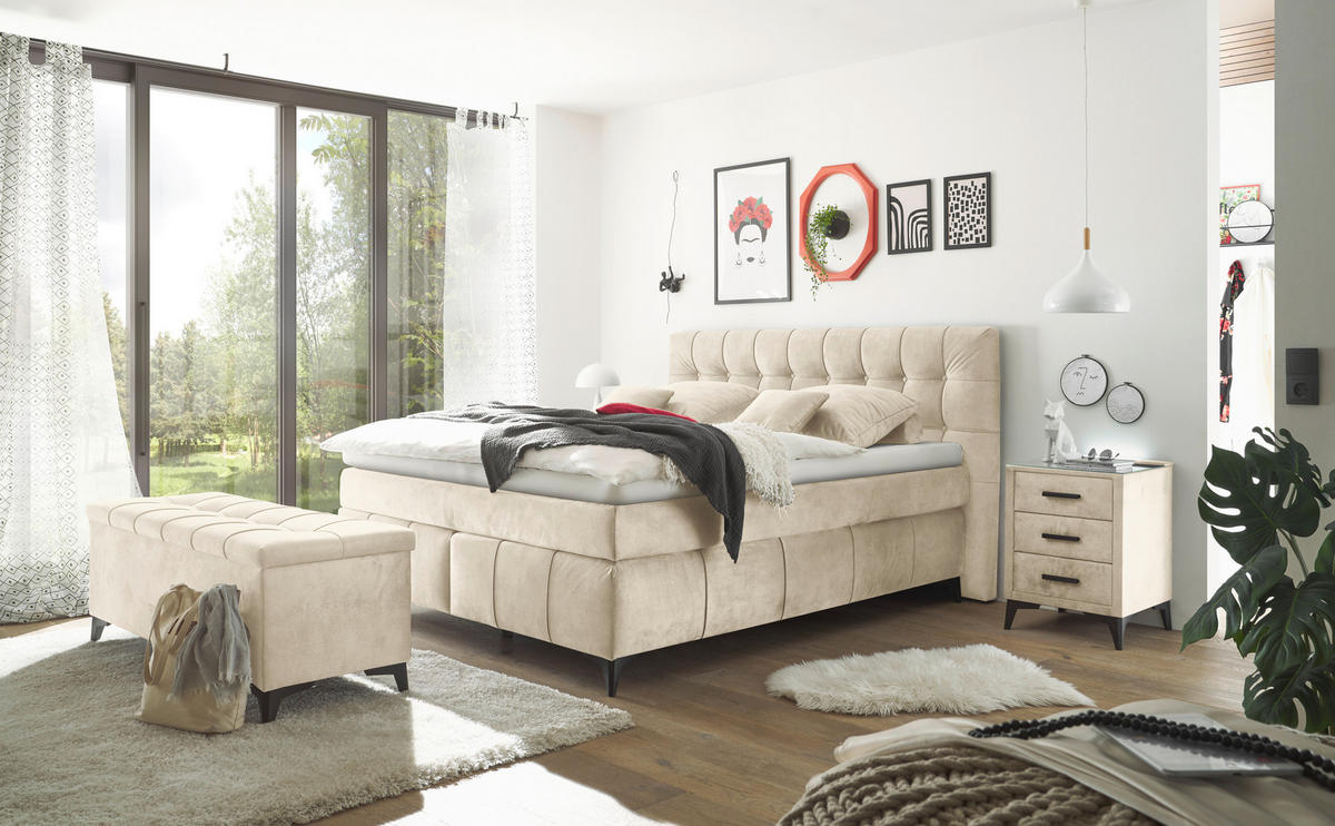 BOXSPRINGBETT 180/200 cm  in Creme  - Creme/Schwarz, KONVENTIONELL, Kunststoff/Textil (180/200cm) - Modante