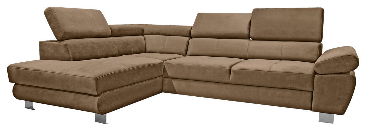 ECKSOFA Braun Webstoff Bettkasten, Schlaffunktion, Rücken echt, Armteilverstellung, Kopfteilverstellung  - Chromfarben/Braun, MODERN, Textil/Metall (205/278cm) - Stylife