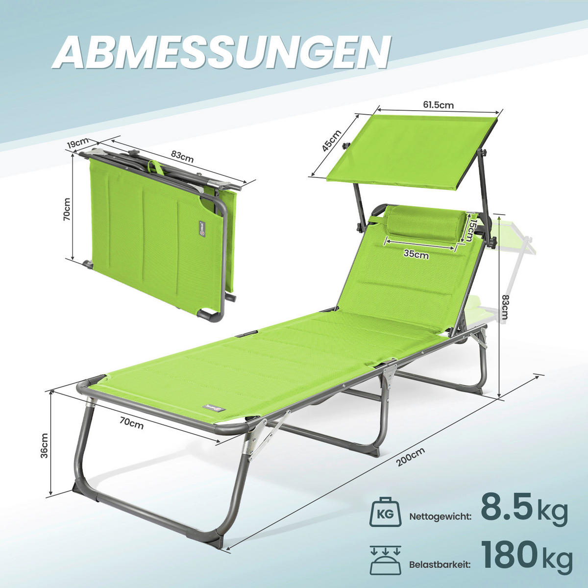 SONNENLIEGE 200/36/70 cm  - Hellgrün/Grau, Basics, Textil/Metall (200/36/70cm) - Modante