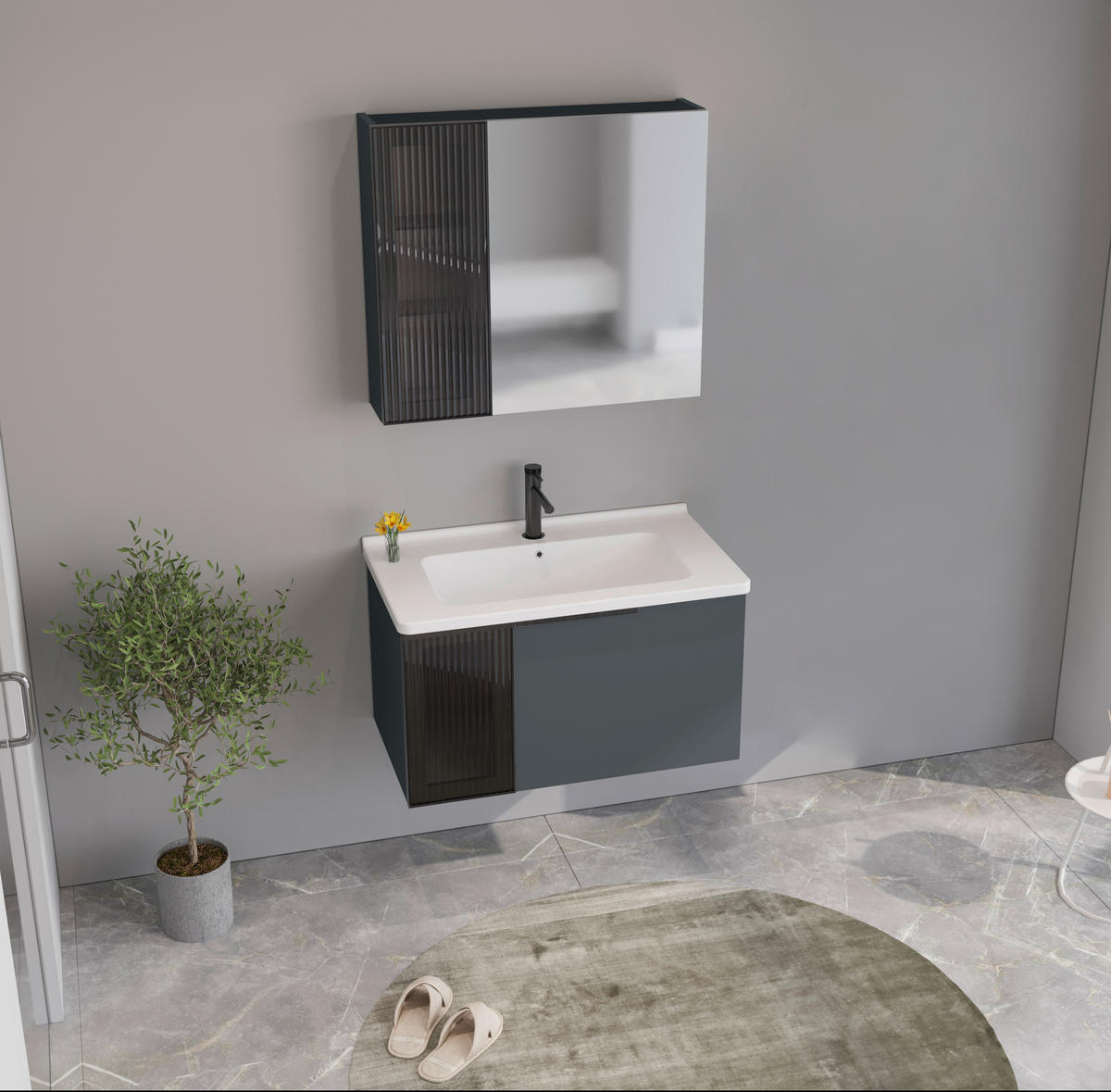 BADEZIMMER 3-teilig  in  - Weiß Hochglanz/Anthrazit, MODERN, Glas/Keramik (80/114/45cm) - MID.YOU