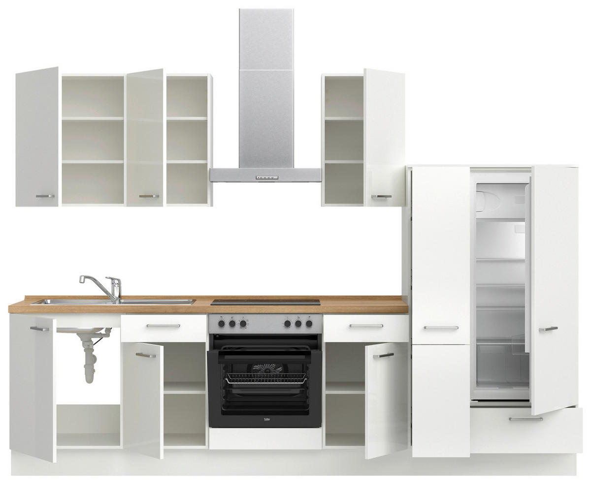 KÜCHENLEERBLOCK 300 cm   in Eichefarben, Weiß Hochglanz  - Edelstahlfarben/Eichefarben, MODERN, Holzwerkstoff/Metall (300cm) - Nobilia