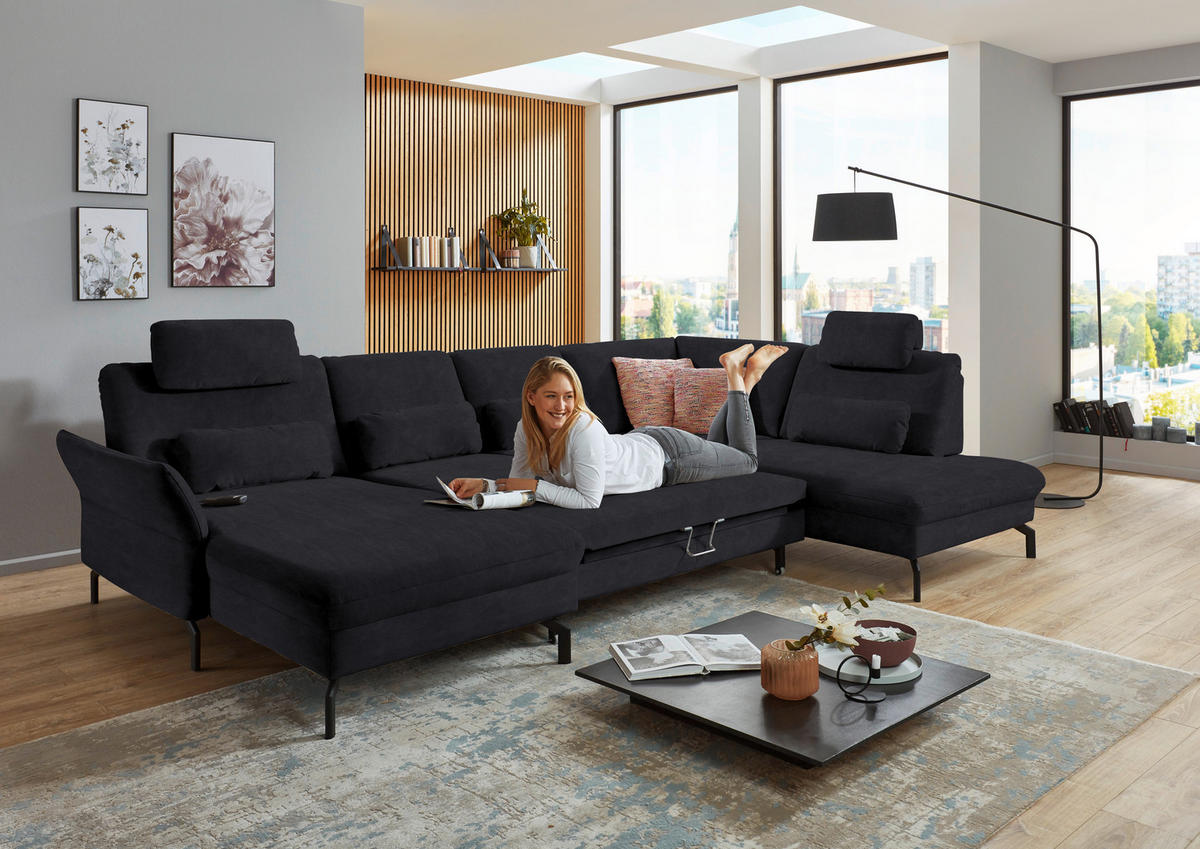 WOHNLANDSCHAFT in Velours Anthrazit  - Anthrazit/Schwarz, Design, Textil/Metall (179/335/220cm) - Beldomo System