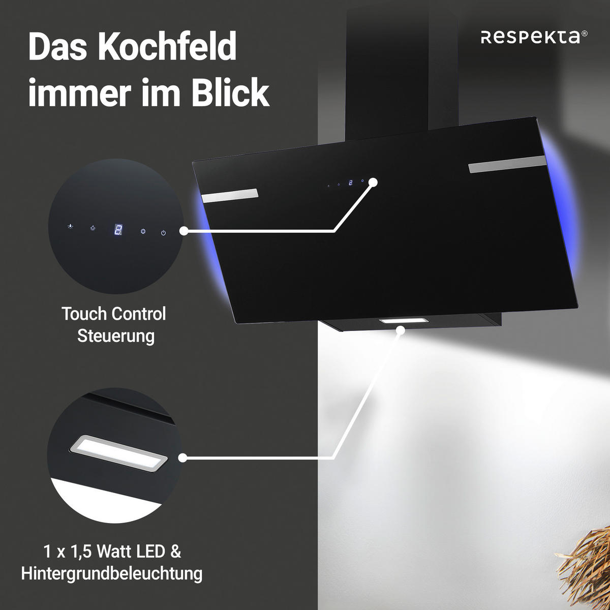 DUNSTABZUGSHAUBE CH69090SA+  - Schwarz, Trend, Glas/Metall (90/76,4-114,4/38,2cm) - Respekta