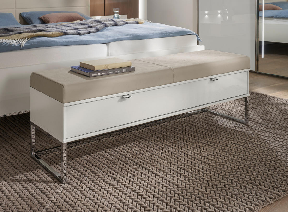 BETTBANK Lederlook Grau, Weiß  - Chromfarben/Weiß, Design, Glas/Textil (141/50/43cm) - Dieter Knoll