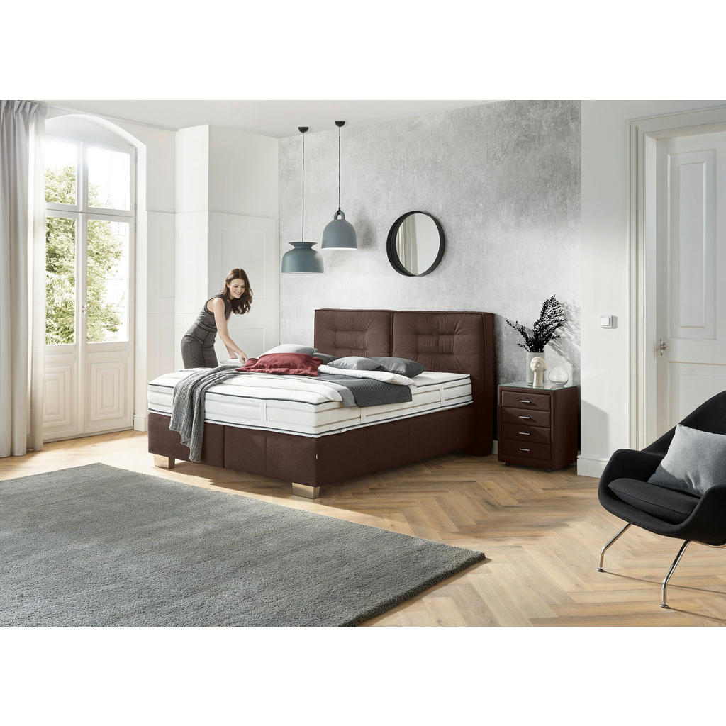 Thumbnail - Dieter Knoll Boxspringbett, Dunkelbraun, Textil, H2 + H3, 7-Zonen, Höhe ca. 27 cm, 180x200 cm, gepolstertes Kopfteil, St...
