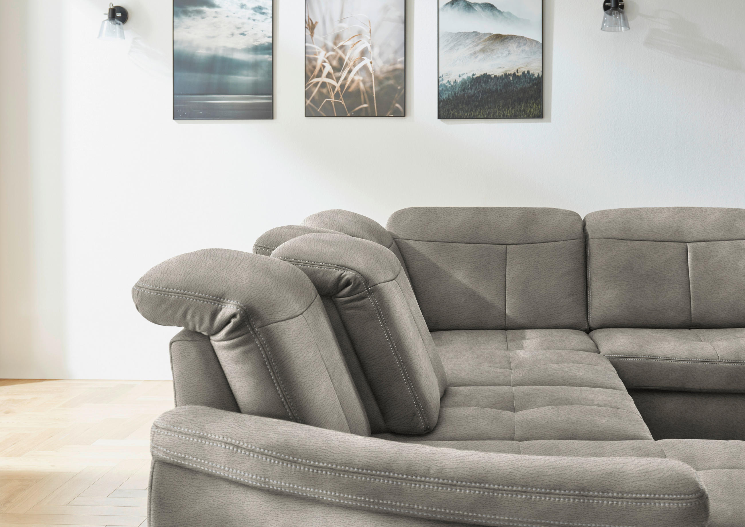 Thumbnail - Voleo Wohnlandschaft, Schlamm, Textil, Wildeiche, massiv, 5-6-Sitzer, U-Form, 343x243 cm, Goldenes M, Typenauswahl, Bett...