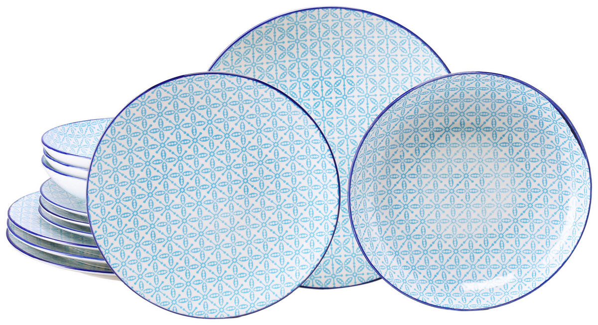 TAFELSERVICE Mediterran Blau 12-teilig  - Weiß/Hellblau, Basics, Keramik - Creatable