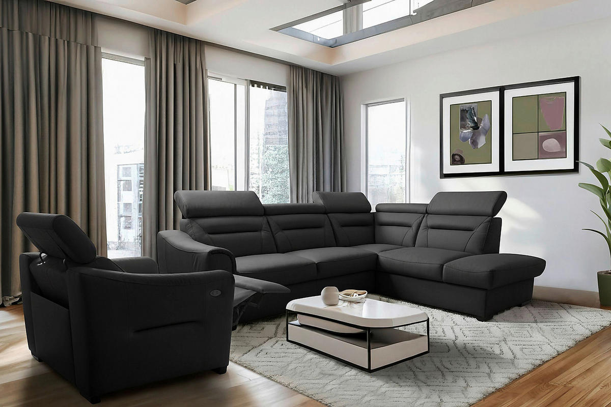 ECKSOFA Schwarz Echtleder Lederlook Bettkasten, Schlaffunktion, Rücken echt, Kopfteilverstellung  - Wengefarben/Schwarz, Design, Leder/Holz (260/212cm) - Celina Home