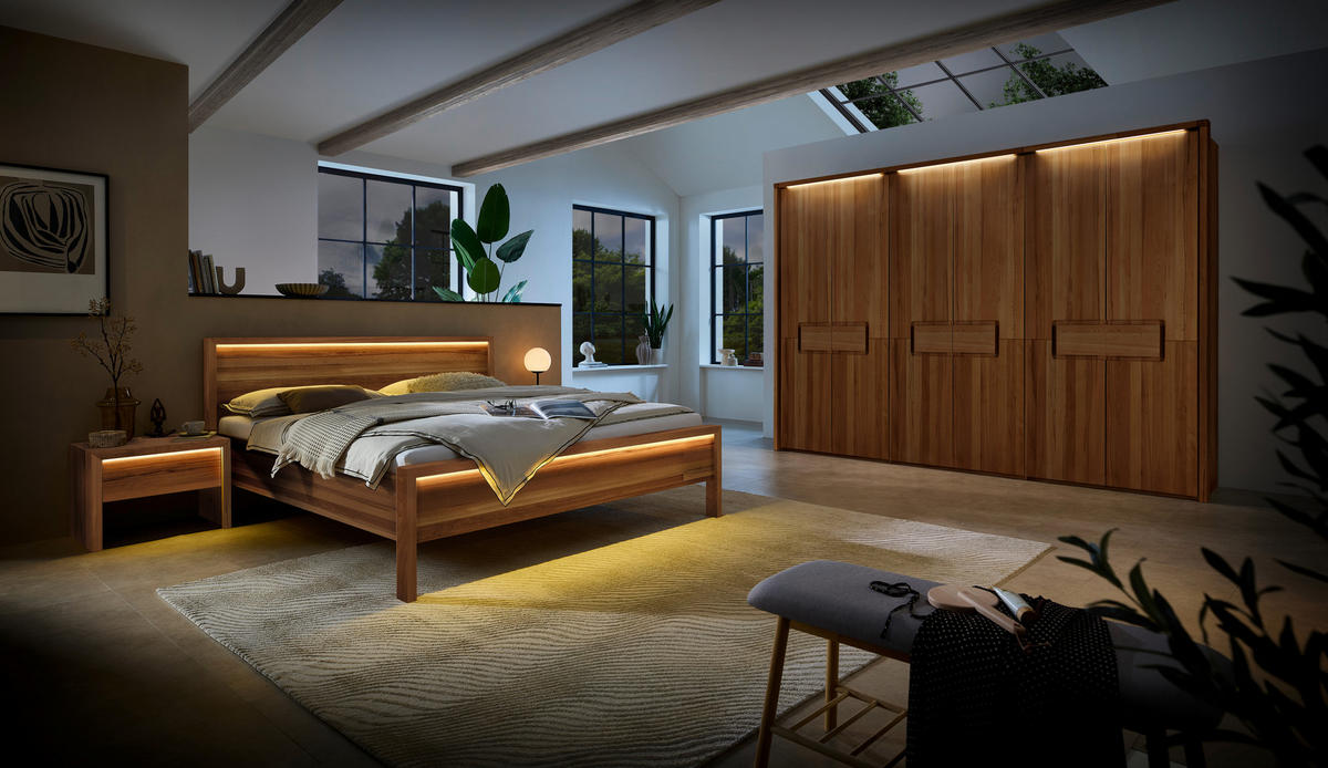 BETT 180/200 cm,  in Naturfarben, Kernbuche, Beleuchtung,  - Naturfarben/Kernbuche, MODERN, Holz (180/200cm) - MID.YOU