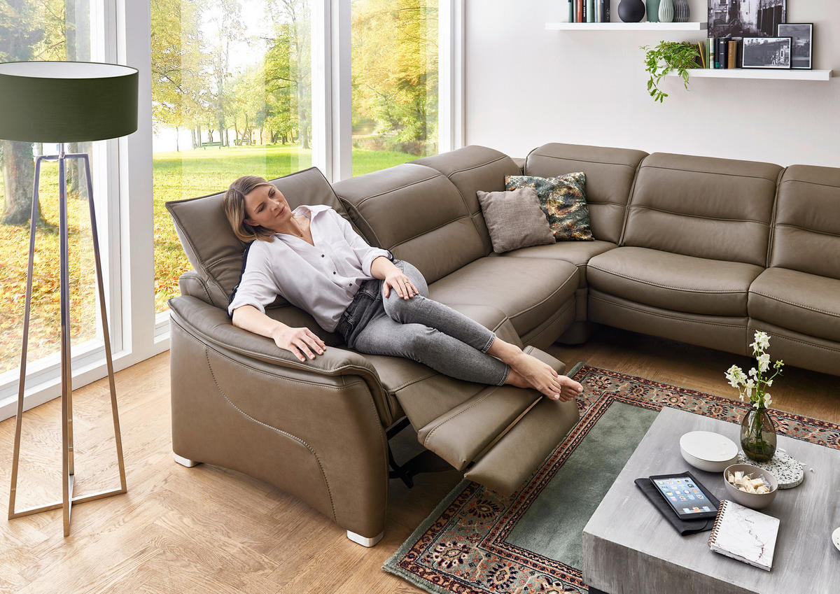 ECKSOFA inkl. Funktionen Valdera Dunkelbraun Echtleder  - Dunkelbraun/Alufarben, Design, Leder/Metall (277/277cm) - Valdera