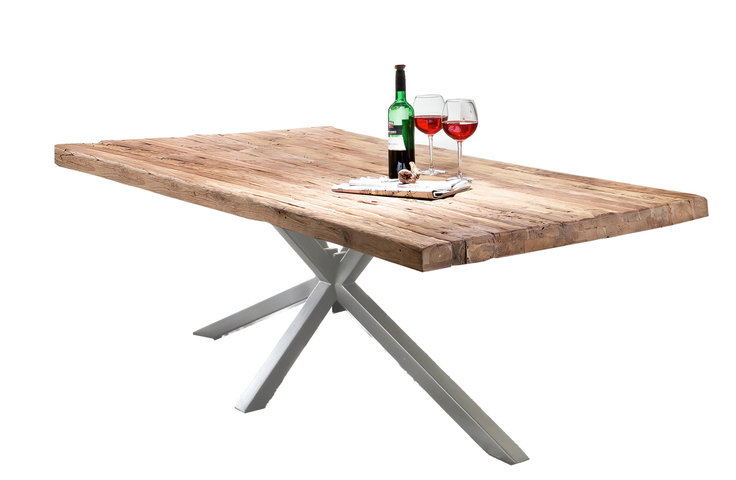 ESSTISCH 220/100/76 cm Echtholz  Holz, Metall rechteckig Naturfarben, Silberfarben  - Silberfarben/Naturfarben, MODERN, Holz/Metall (220/100/76cm) - MID.YOU