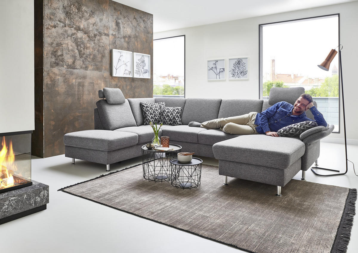 WOHNLANDSCHAFT in Flachgewebe Grau  - Chromfarben/Grau, Konventionell, Textil/Metall (200/217cm) - Beldomo System