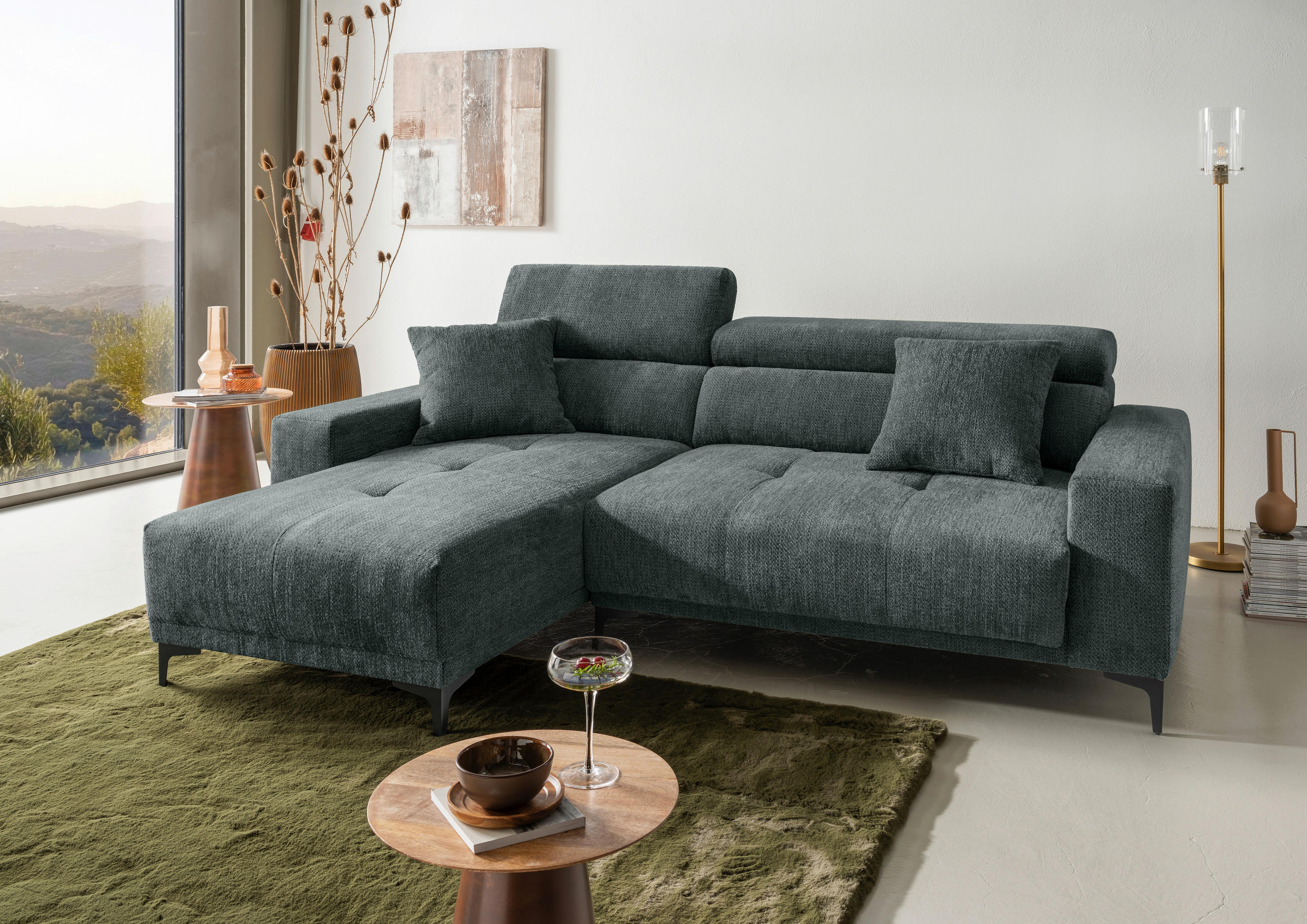 ECKSOFA Chenille Dunkelgrün  - Dunkelgrün/Schwarz, Basics, Textil/Metall (183/250cm) - Livetastic