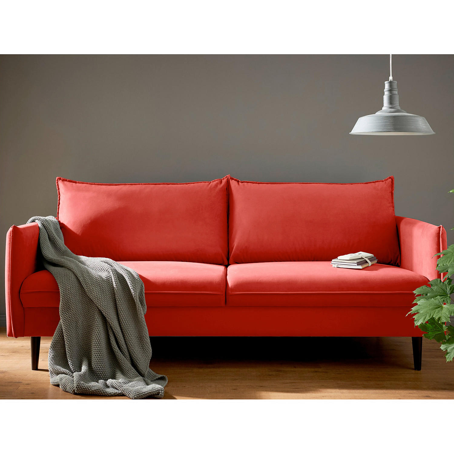 3-SITZER-SOFA Samt Rot  - Rot/Schwarz, Design, Holz/Textil (203/86/100cm) - P & B