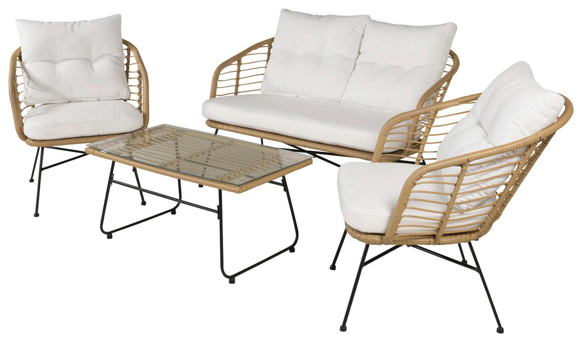LOUNGEGARNITUR   Stahl  - Beige/Schwarz, KONVENTIONELL, Glas/Kunststoff - Gardenson
