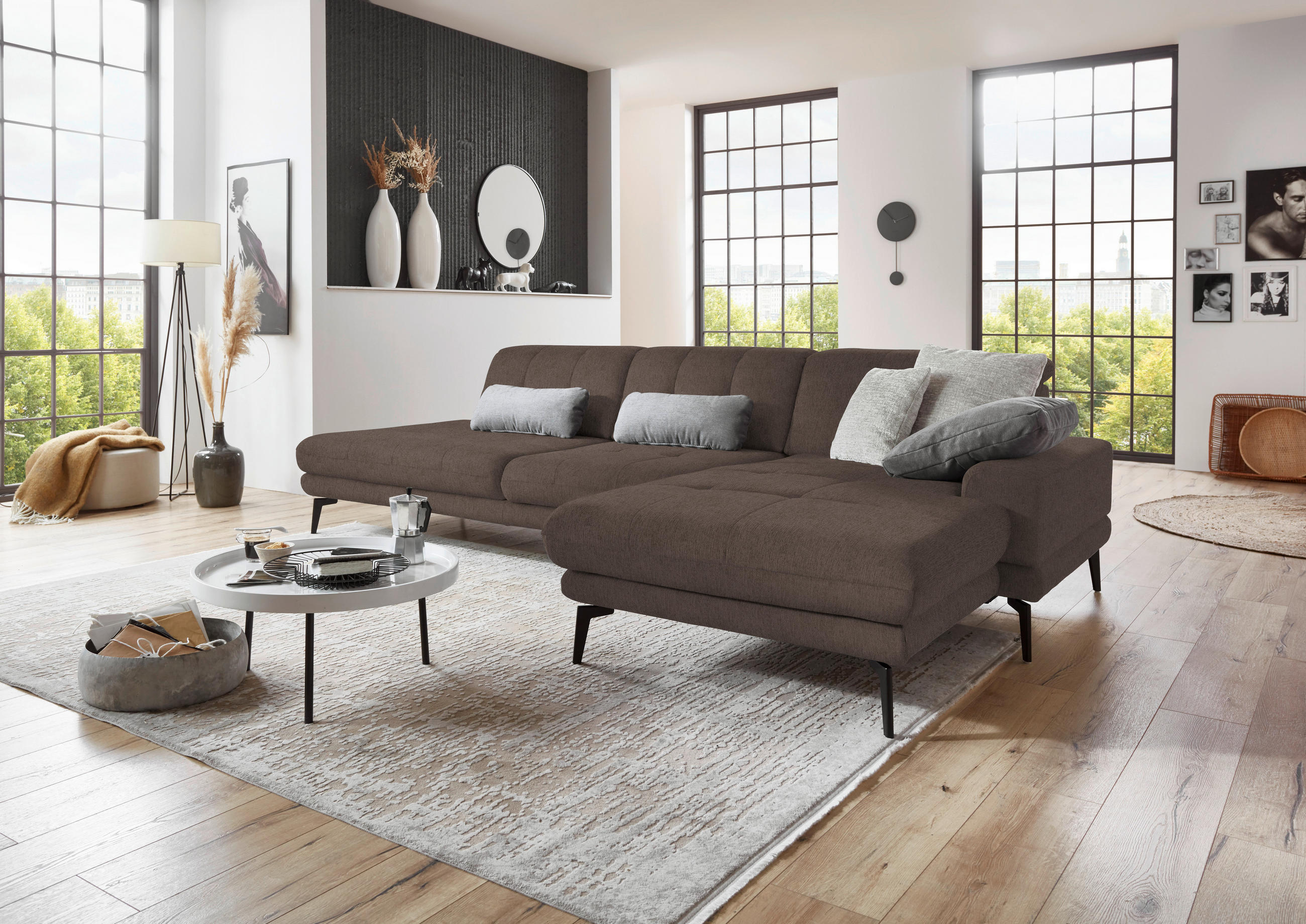 ECKSOFA in Flachgewebe Braun  - Schwarz/Braun, Design, Textil/Metall (309/190cm) - Beldomo Style