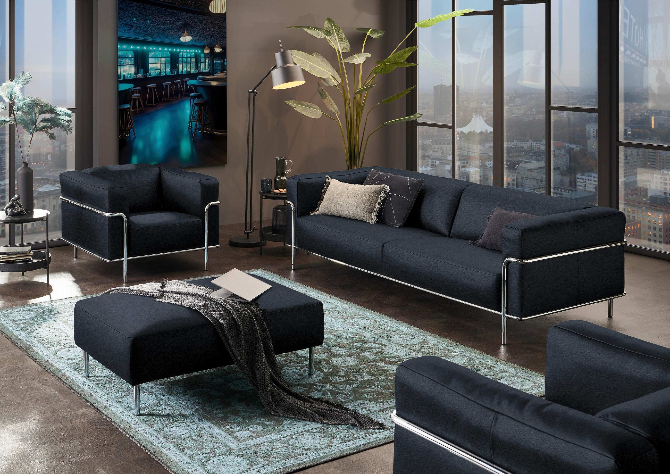 3-SITZER-SOFA in Echtleder Dunkelblau  - Chromfarben/Dunkelblau, Design, Leder/Metall (236/67/96cm) - Johann Jakob