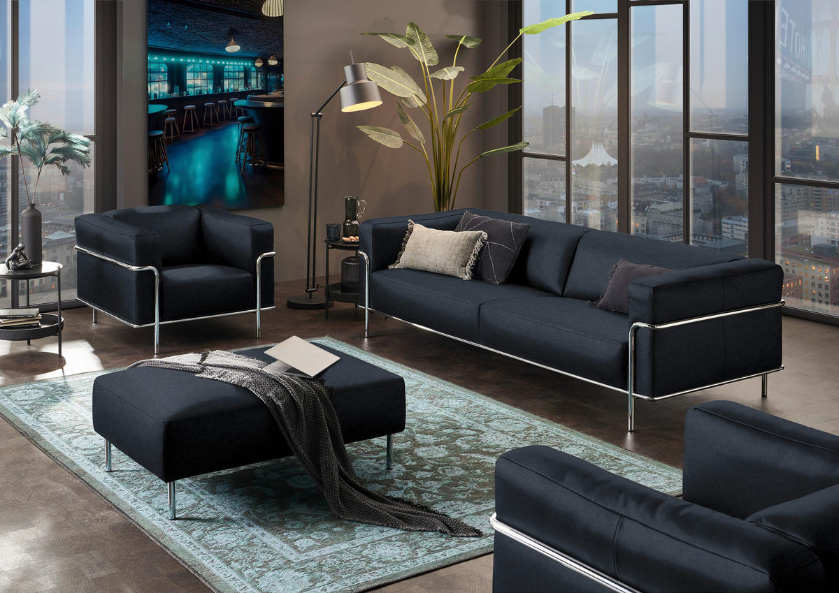 3-SITZER-SOFA in Echtleder Dunkelblau  - Chromfarben/Dunkelblau, Design, Leder/Metall (236/67/96cm) - Johann Jakob