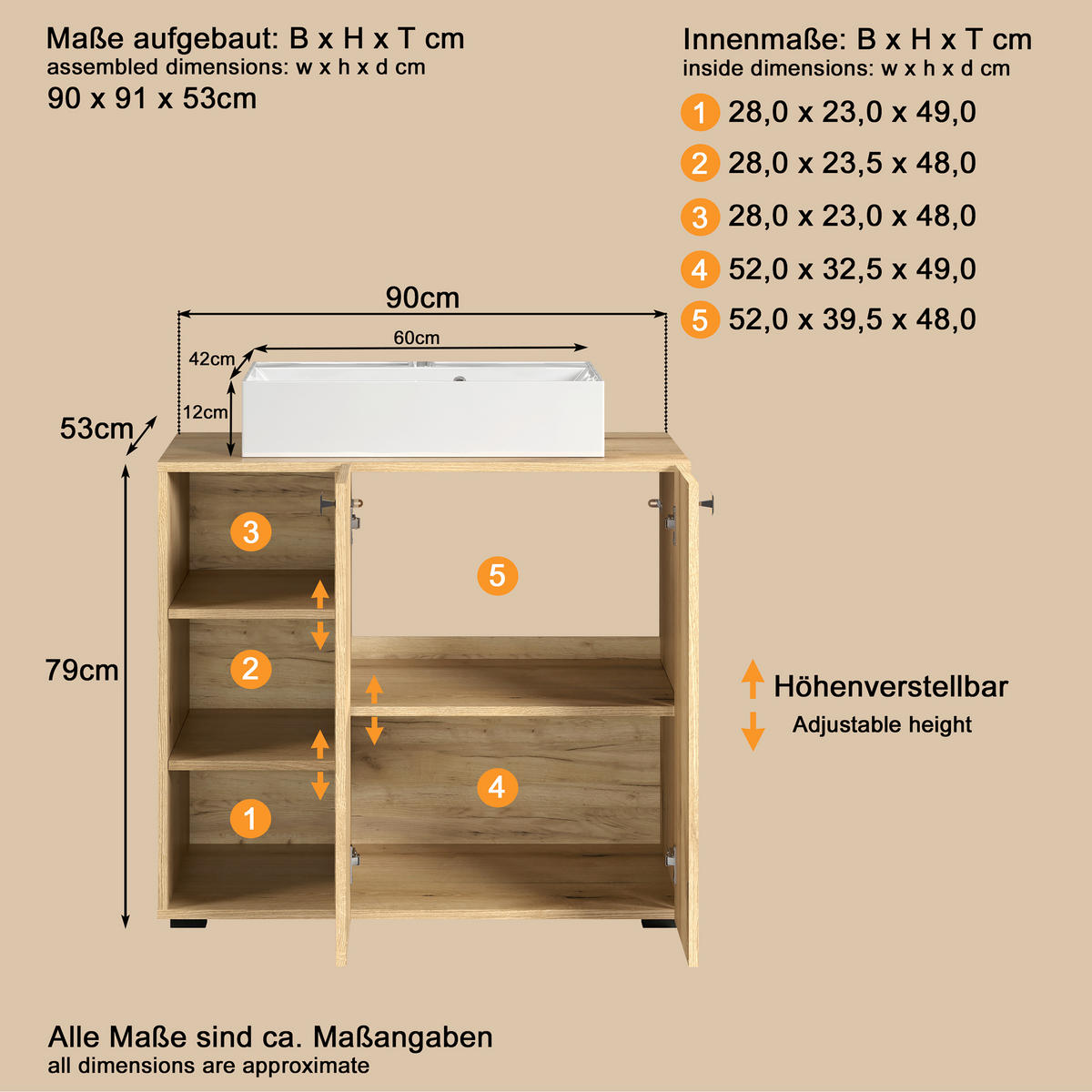 WASCHBECKENUNTERSCHRANK 90/91/53 cm  - Eichefarben/Schwarz, Trend, Holzwerkstoff/Kunststoff (90/91/53cm) - MID.YOU