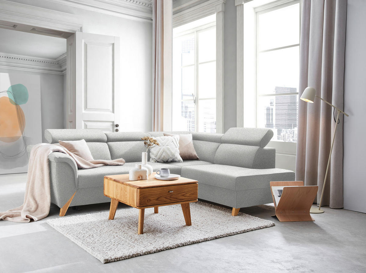 ECKSOFA  in Chenille Grauweiß Rücken echt, Kopfteilverstellung  265/200 cm  - Grauweiß/Naturfarben, KONVENTIONELL, Holz/Textil (265/200cm) - Stylife