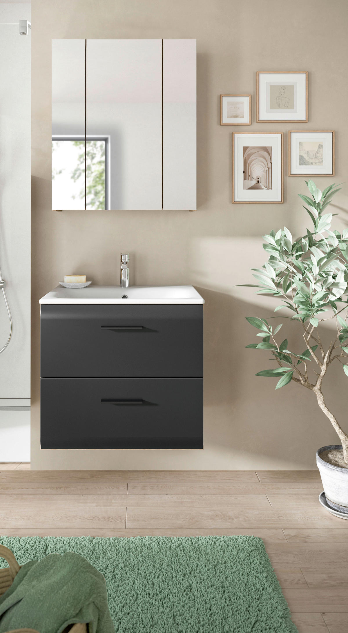 BADEZIMMER 2-teilig  in 60 cm  - Eiche dunkel/Schwarz, Basics, Keramik/Holzwerkstoff (60cm) - MID.YOU