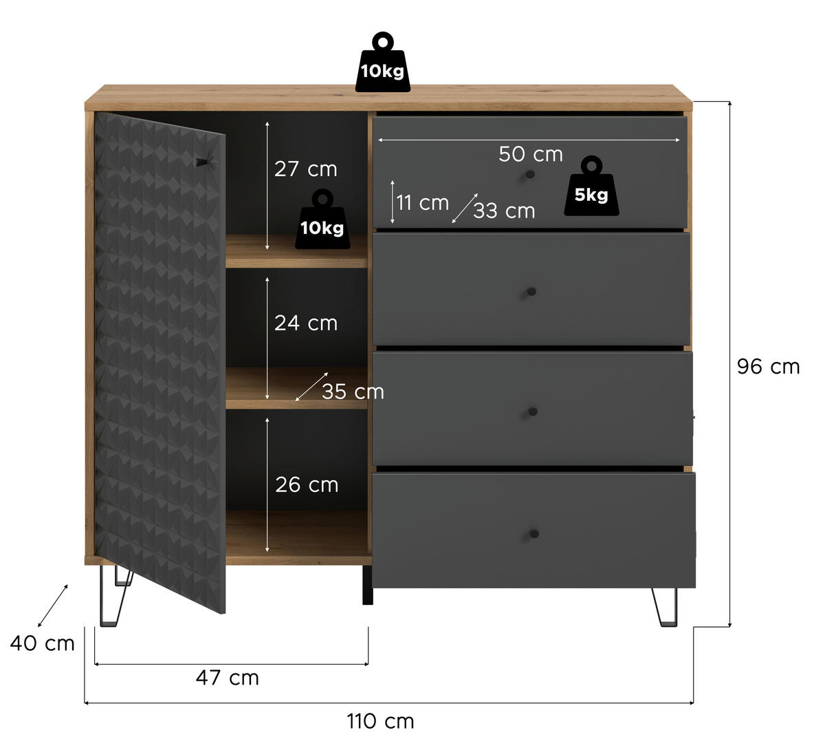 HIGHBOARD  in 110/96/40 cm  - Anthrazit/Schwarz, Design, Holzwerkstoff/Kunststoff (110/96/40cm) - Livetastic