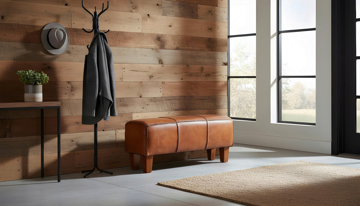 SITZBANK 110/45/35 cm Echtleder Braun, Teakfarben Teakholz massiv  - Braun/Teakfarben, LIFESTYLE, Leder/Holz (110/45/35cm) - Landscape