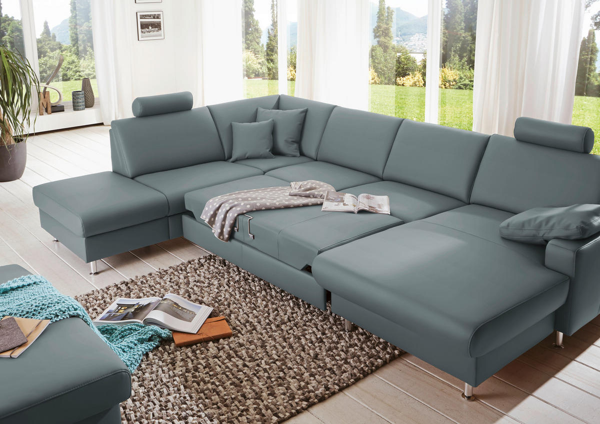 WOHNLANDSCHAFT in Echtleder Blaugrau  - Blaugrau/Alufarben, Design, Leder/Metall (233/339/165cm) - Beldomo Premium