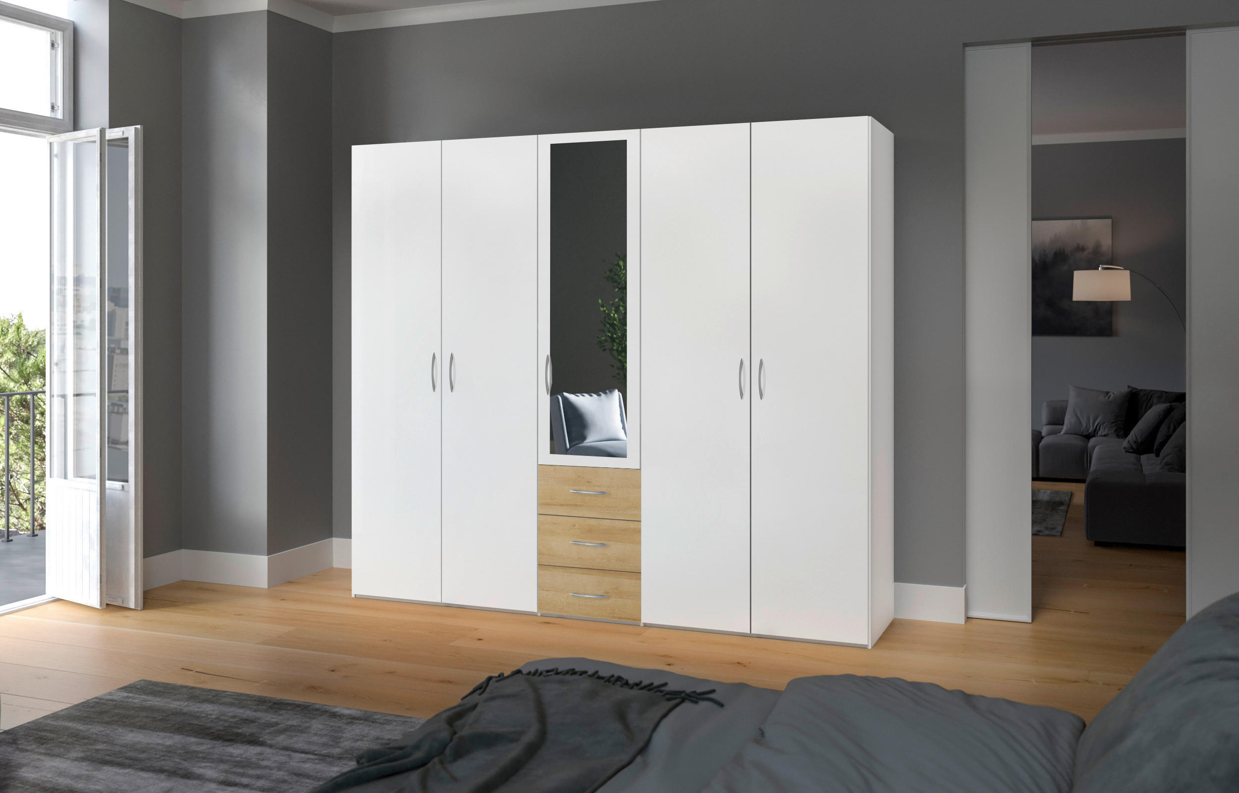 KLEIDERSCHRANK 253/215/59 cm 5-türig Weiß, Eichefarben  - Eichefarben/Silberfarben, Design, Glas/Holzwerkstoff (253/215/59cm) - Boxxx