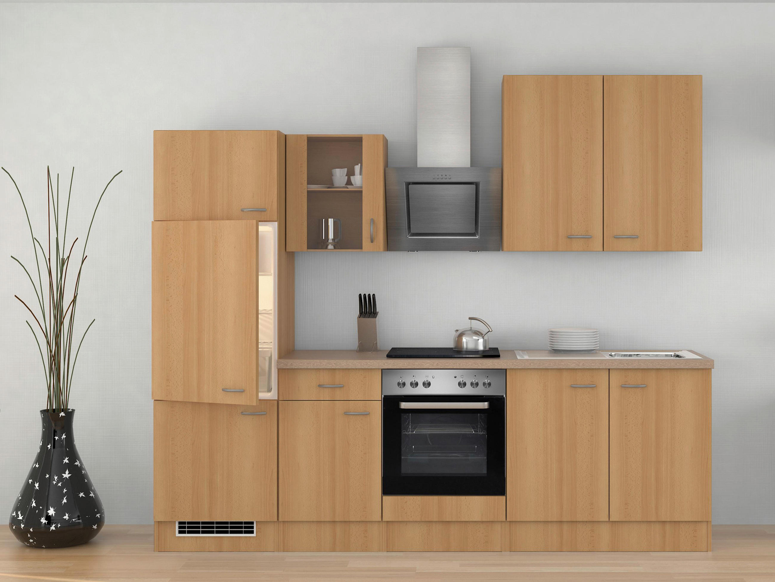 KÜCHENBLOCK 270 cm in Buchefarben - Edelstahlfarben/Beige, MODERN, Glas/Holzwerkstoff (270cm) - FlexWell