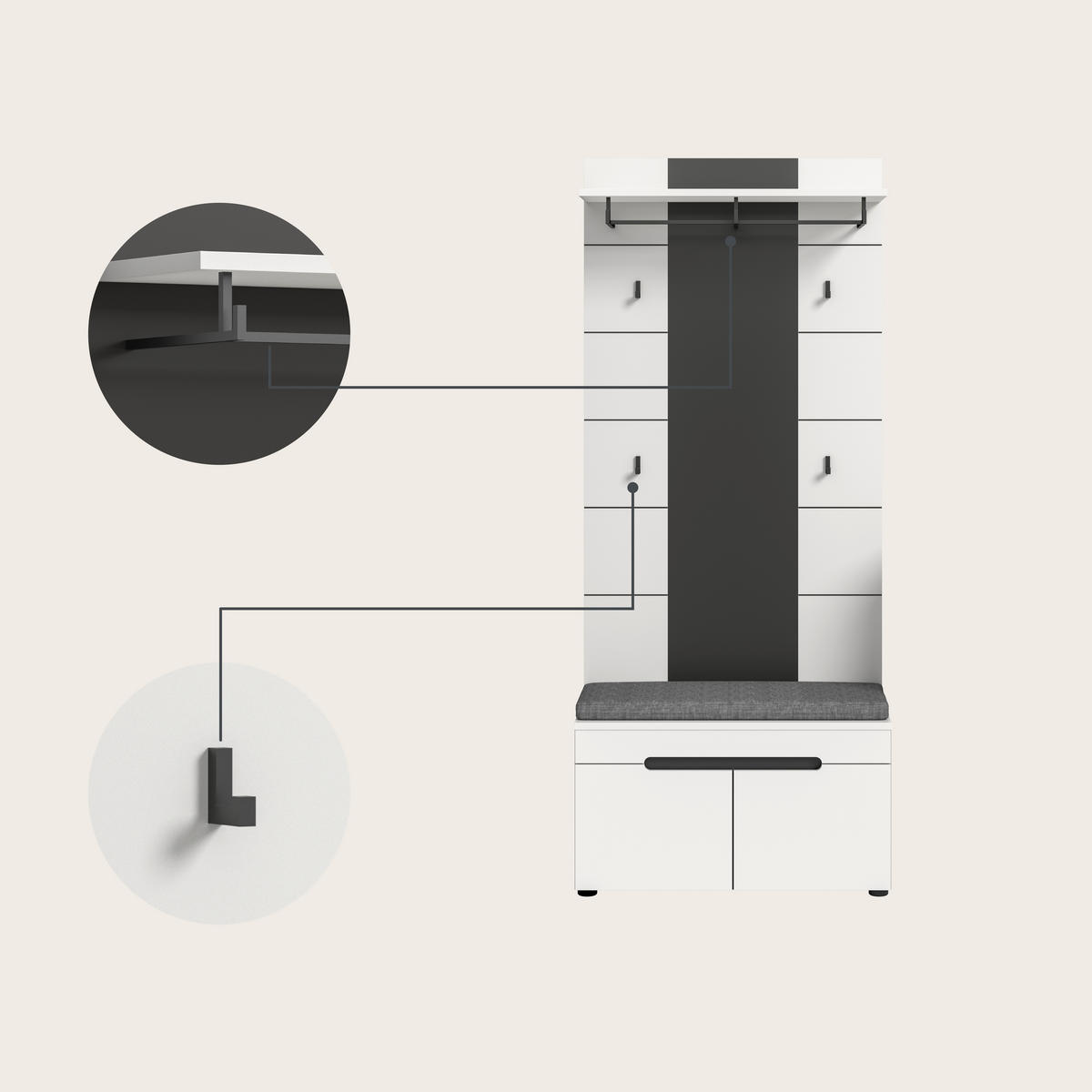 GARDEROBE 4-teilig  in 175/190/37 cm  - Weiß/Grau, Design, Holzwerkstoff (175/190/37cm) - Livetastic