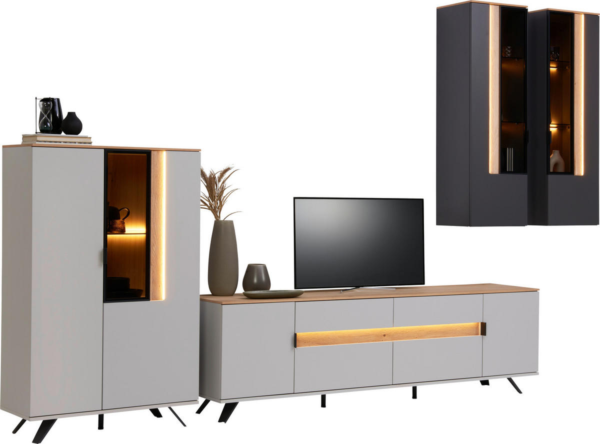 WOHNWAND  in Anthrazit, Eichefarben, Hellgrau 384,4/206/48 cm  - Eichefarben/Anthrazit, Design, Glas/Holz (384,4/206/48cm) - Dieter Knoll