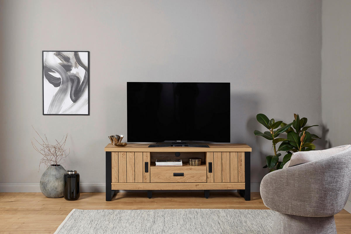 TV-ELEMENT Holzwerkstoff Schwarz, Eichefarben  - Eichefarben/Schwarz, KONVENTIONELL, Holzwerkstoff/Metall (153,4/55/39cm) - MID.YOU