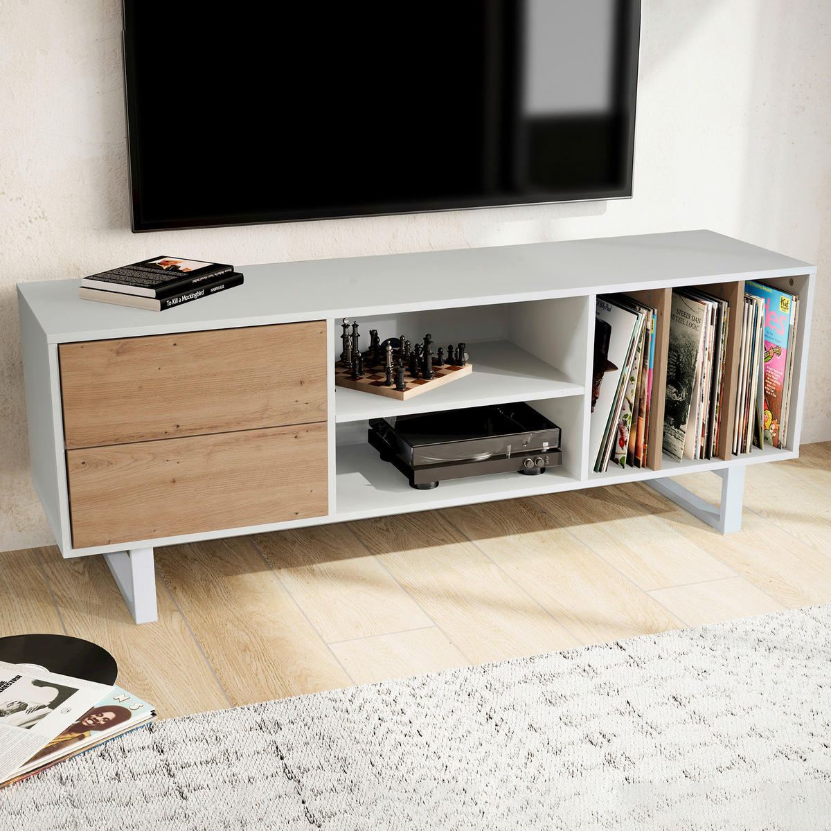 LOWBOARD  in 150/55/40 cm  - Weiss/Eichefarben, Design, Holzwerkstoff/Metall (150/55/40cm) - Livetastic