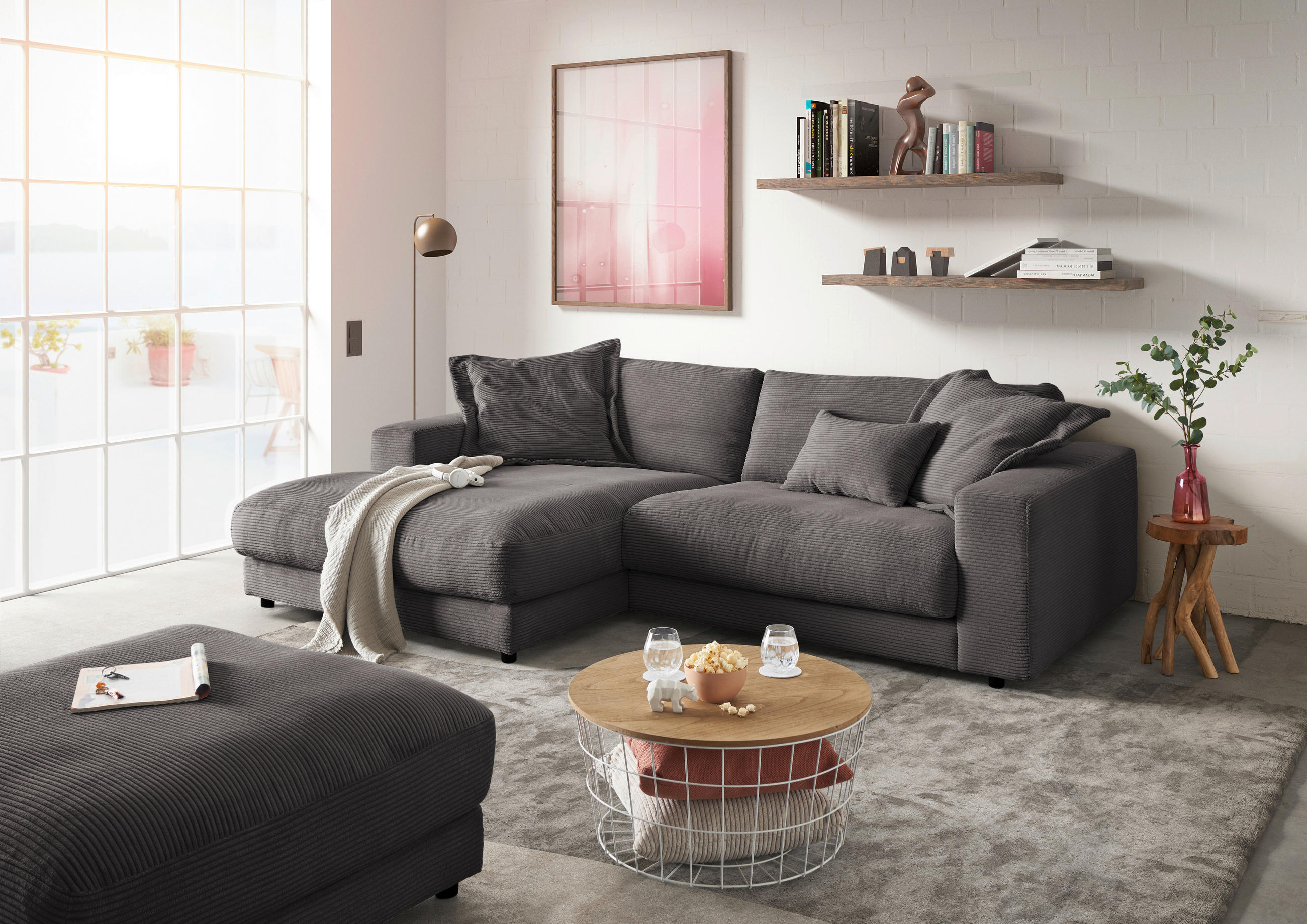 ECKSOFA in Cord Dunkelgrau  - Dunkelgrau/Schwarz, Design, Kunststoff/Textil (190/270cm) - Lomoco