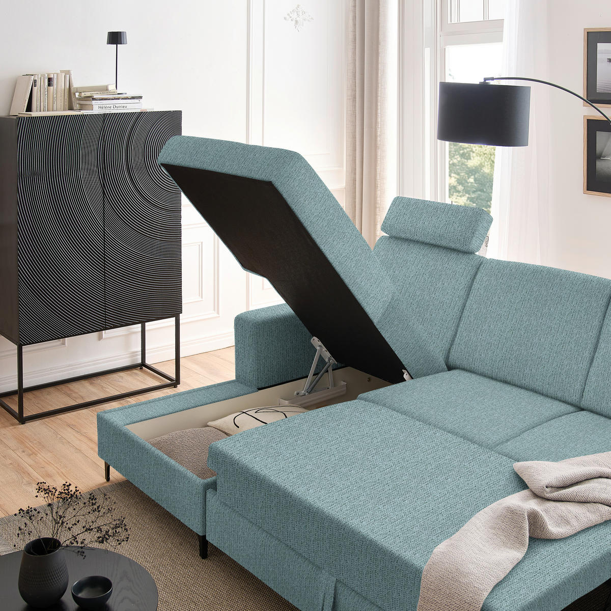 ECKSOFA in Webstoff Mintgrün  - Schwarz/Mintgrün, Konventionell, Textil/Metall (167/247cm) - Stylife