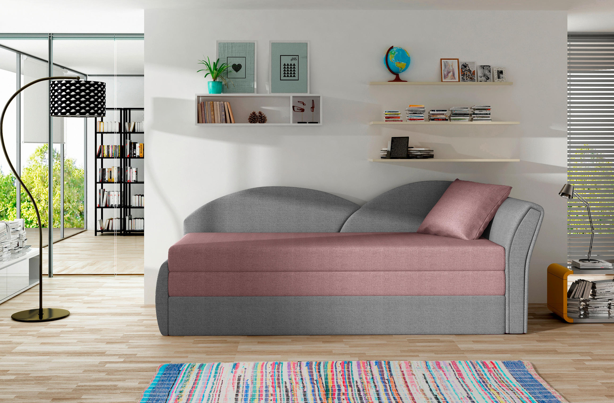 RÉCAMIERE Hellgrau, Rosa Webstoff  - Erlefarben/Hellgrau, Design, Kunststoff/Textil (218/80cm) - MID.YOU