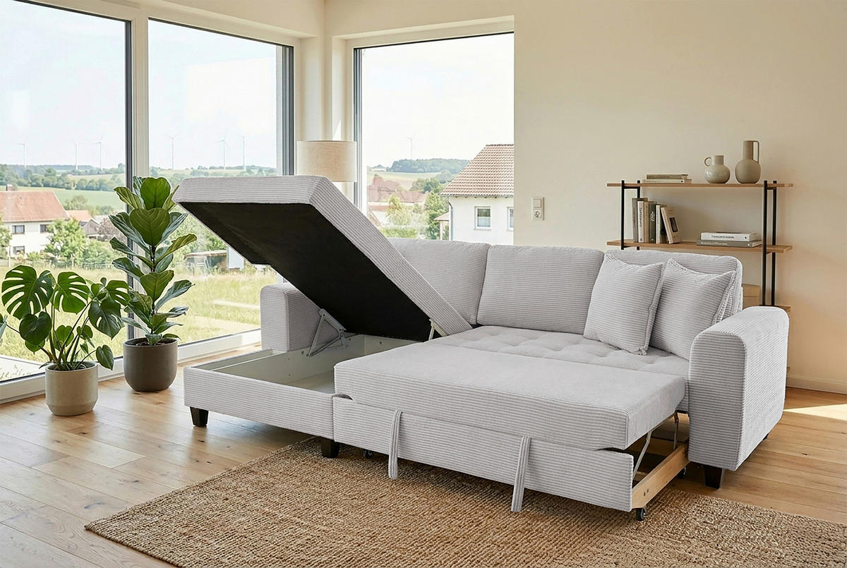 ECKSOFA MORITZ Taupe Cord Zierkissen, Bettkasten  - Taupe, Trend, Textil (155/265cm) - P & B