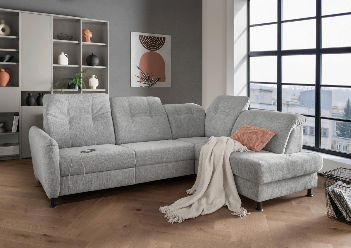 ECKSOFA in Chenille Silberfarben  - Silberfarben/Schwarz, Modern, Textil/Metall (270/198cm) - Livetastic