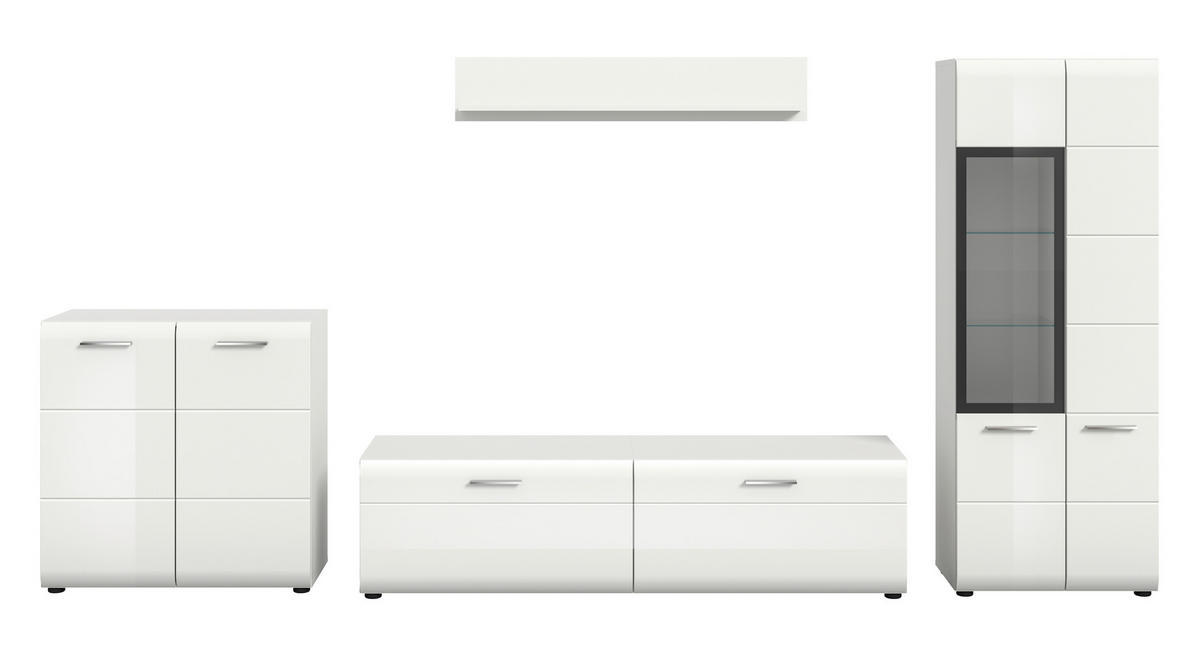 WOHNWAND 4-teilig  in Weiß, Weiß Hochglanz  315/160/41 cm  - Weiß Hochglanz/Silberfarben, Design, Holzwerkstoff/Kunststoff (315/160/41cm) - Livetastic