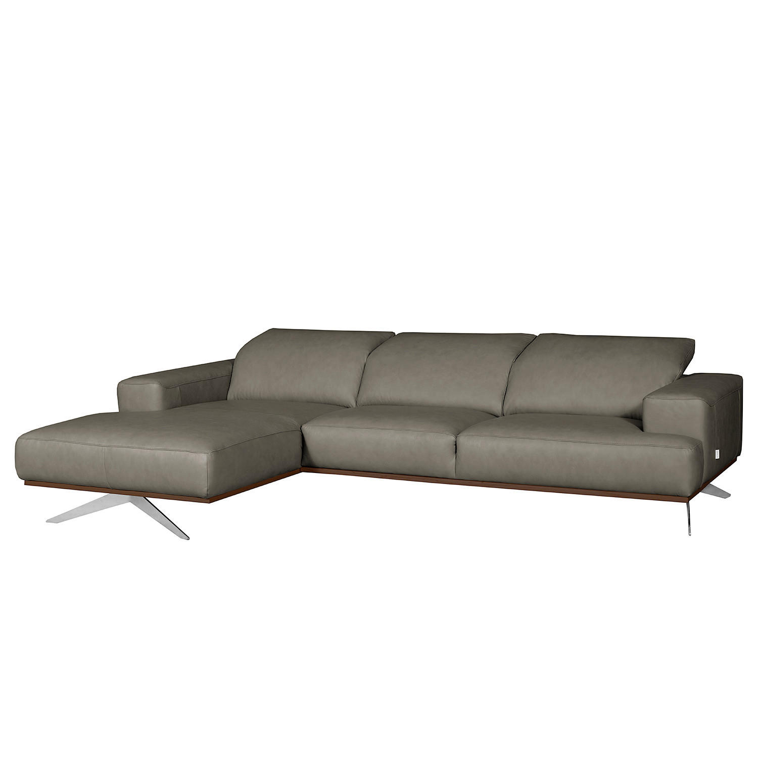 ECKSOFA Grau Echtleder Rücken echt, Kopfteilverstellung  - Chromfarben/Grau, Design, Leder/Metall (187/295cm) - Livetastic