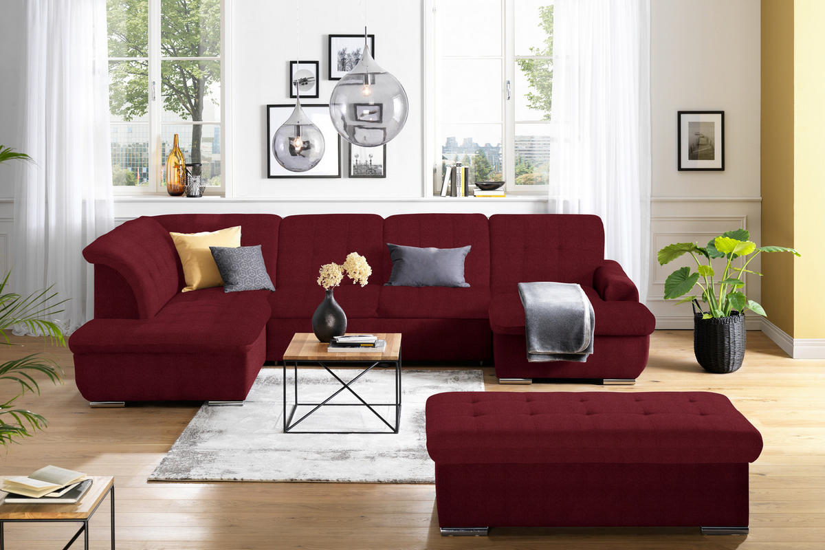 WOHNLANDSCHAFT in Flachgewebe Bordeaux  - Bordeaux/Silberfarben, Design, Textil/Metall (208/342/145cm) - Cantus