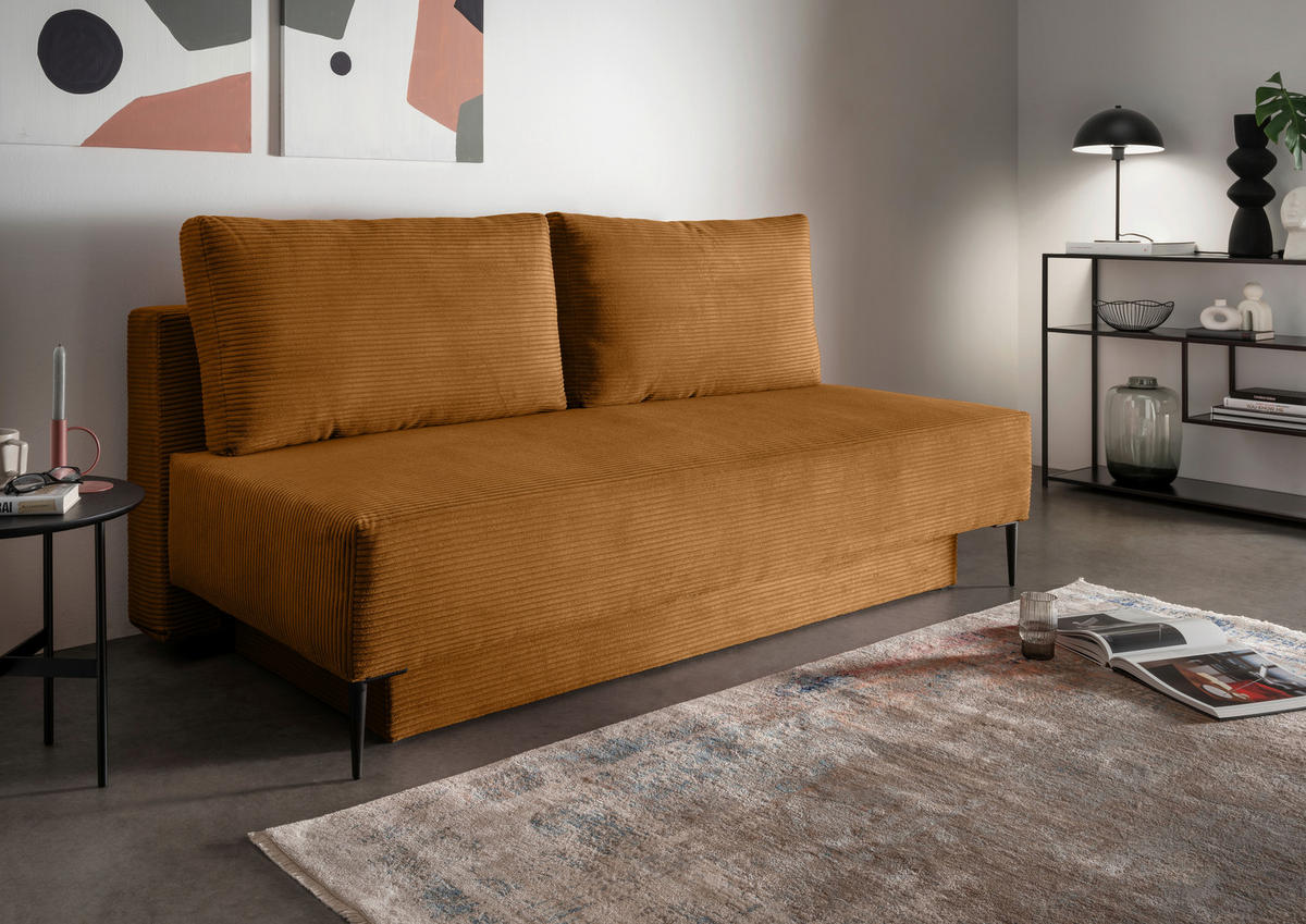 SCHLAFSOFA  mit Liegefunktion, Schlafen auf Sitzhöhe, Rücken echt Cord Goldfarben  - Goldfarben/Schwarz, MODERN, Textil/Metall (198/90/100cm) - Livetastic
