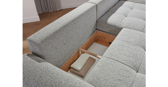 Ecksofa mit Funktion Greige Flachgewebe Zierkissen, Rückenkissen, Bettkasten, Schlaffunktion, Rücken echt, Liegefläche im Originalstoff  - Greige/Schwarz, KONVENTIONELL, Kunststoff/Textil (277/190cm) - Carryhome